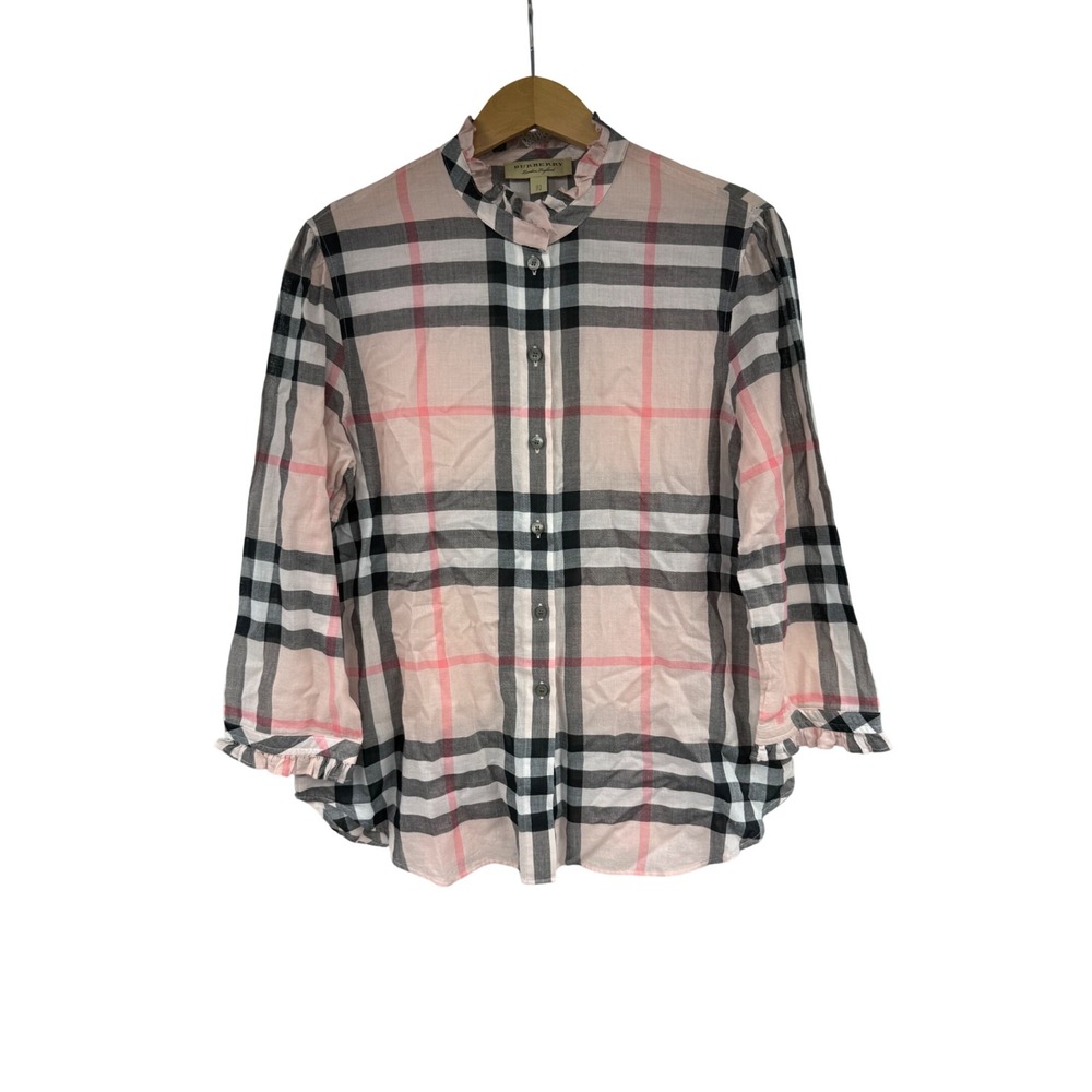 Burberry Salla Pink Nova Check Ruffle Collar 3/4 Sleeve Button Shirt Women US 4